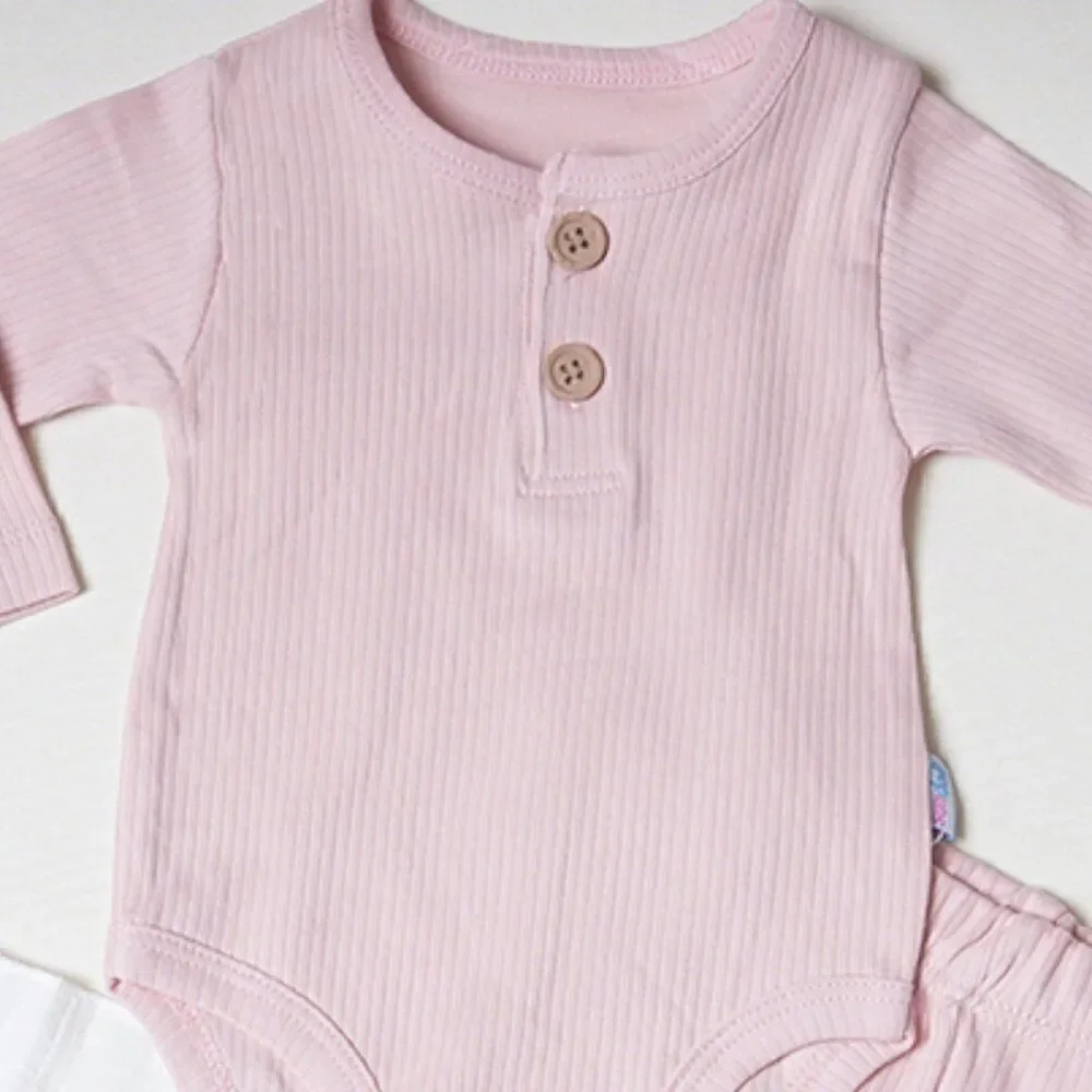 100% Cotton Baby Bodysuit & Pants Set Organic Cotton Pink Wooden Buttons
